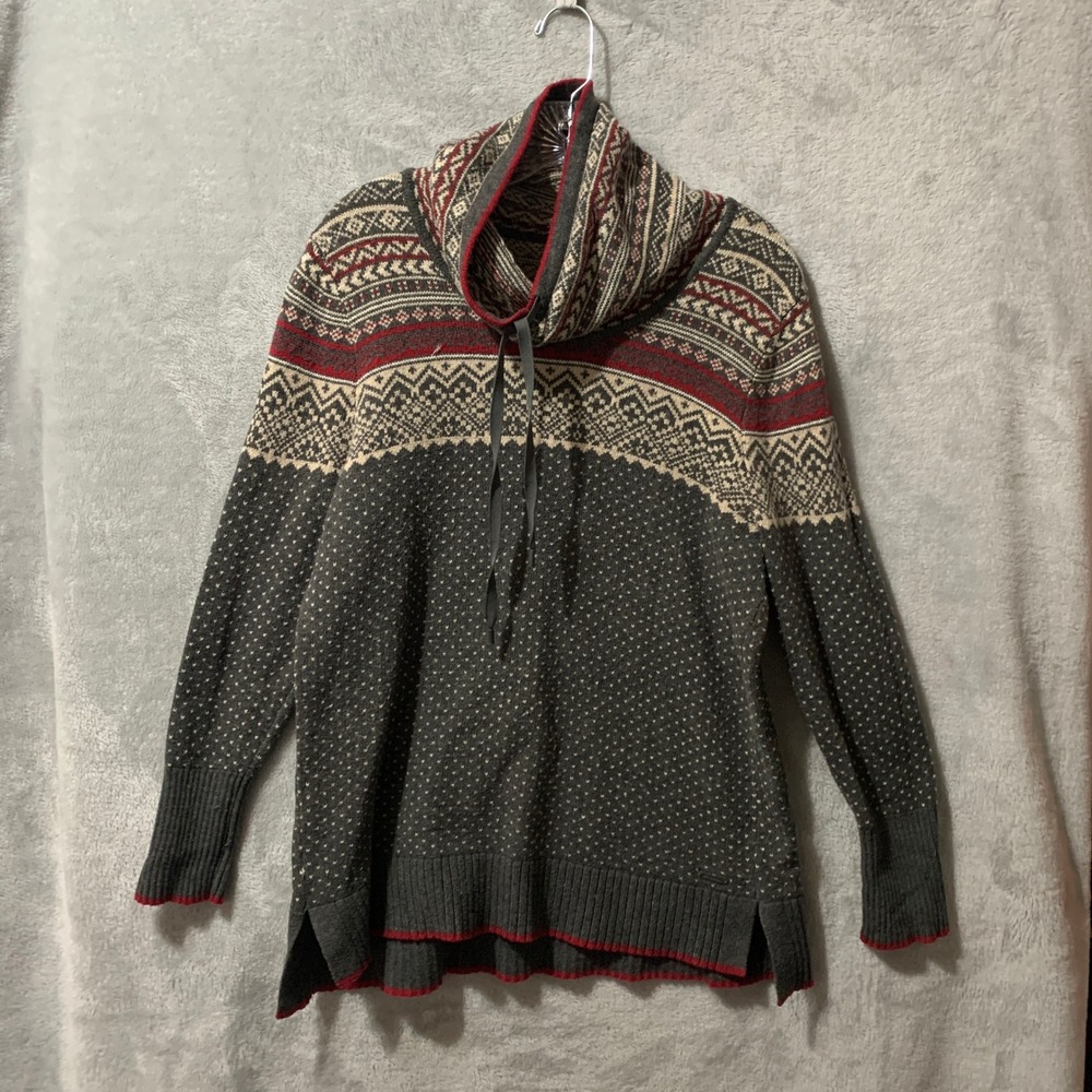 Eddie Bauer Women's Fair Isle Cowl Neck Sweater Petite Large Gray Red Cozy Boho - Picture 2 of 12